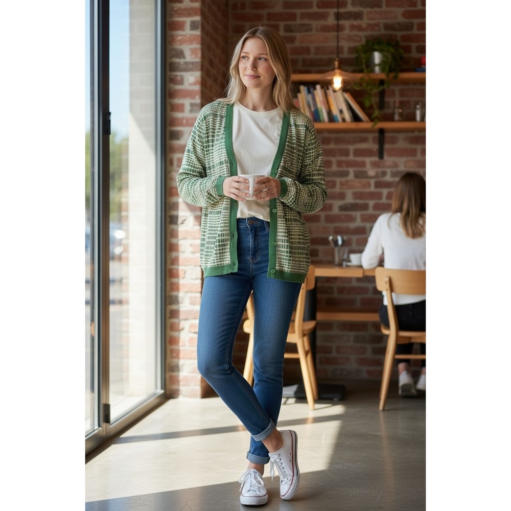 COS Women Green Geometric Grid V-Neck Button Front Knit Cardigan Sweater